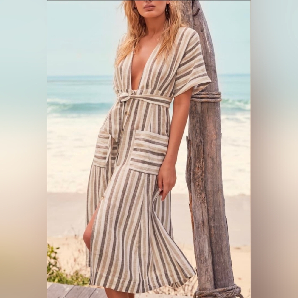 Free People Women's Striped Linen Cotton Dress Midi Deep V Neck Size XS Vacation